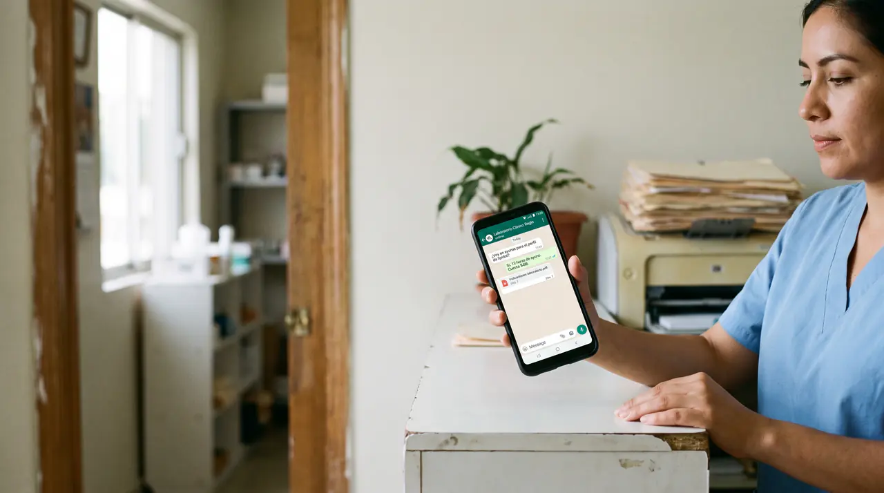 Recepcionista de un laboratorio clínico, con uniforme azul, muestra en su teléfono una conversación de WhatsApp: el paciente pregunta si debe ir en ayunas para el perfil de lípidos y Cítalo responde «Sí, 12 horas de ayuno. Cuesta $480», con la cita Indicaciones-laboratorio.pdf, página 3.